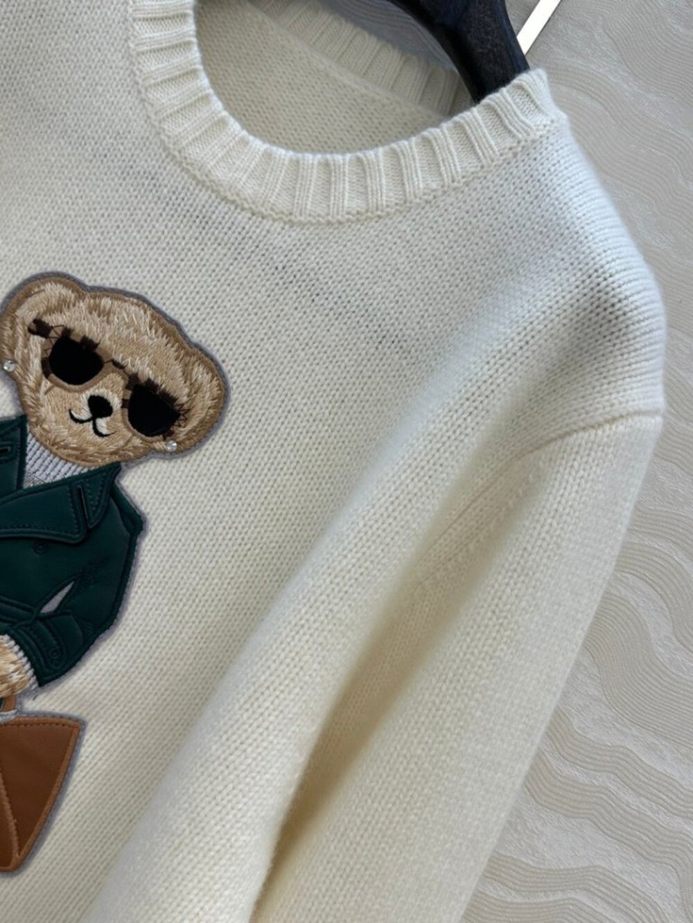 Polo Ralph Lauren Cream White Fancy Trench Coat Bear Embroidery Crewneck Sweater - Picture 4 of 7